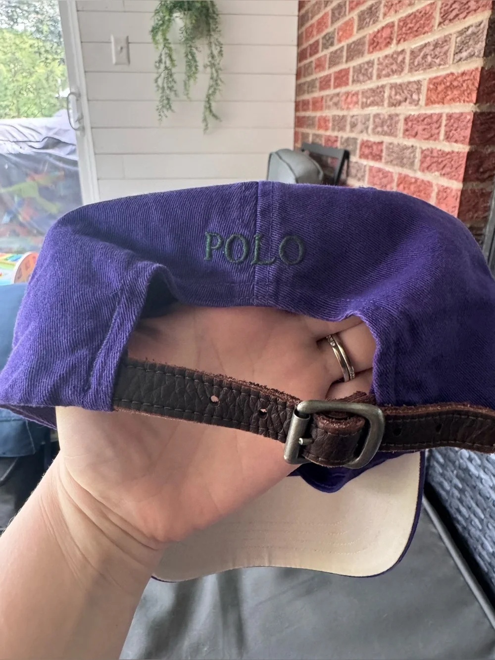 POLO RALPH LAUREN Vtg Classic Baseball Hat, Purple w/ Green Logo, Leather Strap